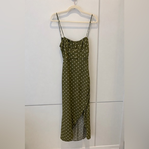 ZARA Olive Green Polka Dot Midi Dress Slip Style w/ Slit — Size S - Picture 5 of 7